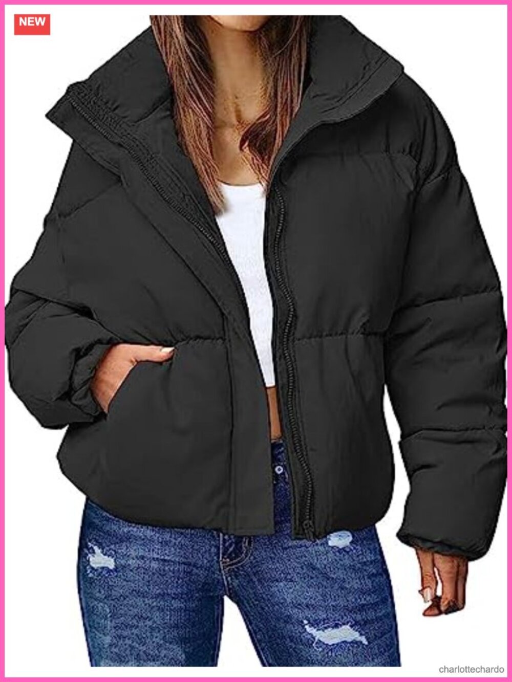 Cropped Puffer Jacket Quilted Zip Up Warm Winter Coat